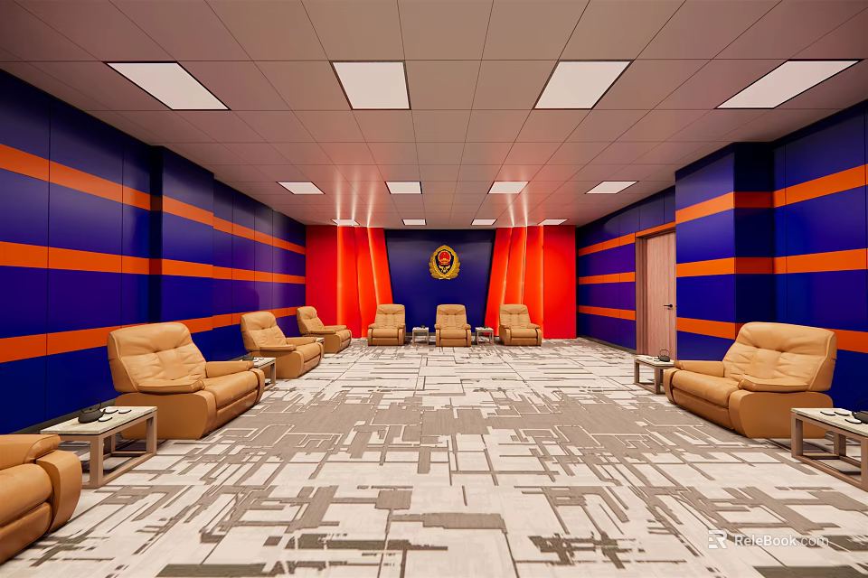 Cinema Interior With Blue And Orange Striped Walls Sofa Seats And Ceiling Lights 3d model 