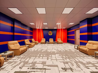 Cinema Interior With Blue And Orange Striped Walls Sofa Seats And Ceiling Lights 3d model