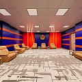 Cinema Interior With Blue And Orange Striped Walls Sofa Seats And Ceiling Lights