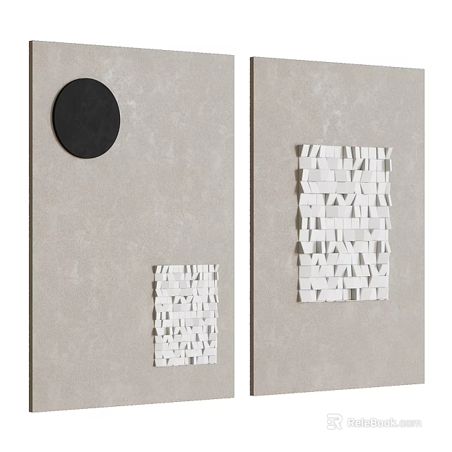 Modern Wall Hangings with Black Circular Decor and White Geometric Cube Mosaic on Gray Wall 3d model 