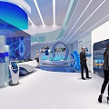 Modern Exhibition Hall Interior Design With White Car Display And Blue Tech Elements 3d model