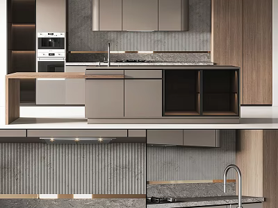 Modern Kitchen Interior Design With Gray Cabinets Island Counter And Stainless Appliances 3d model