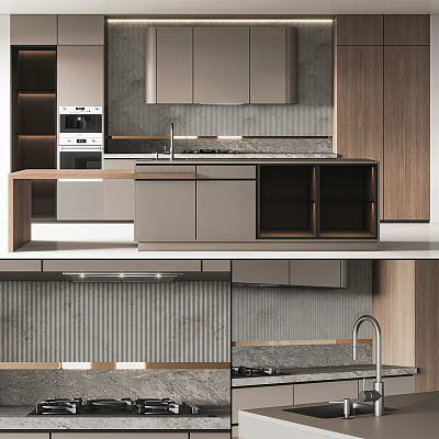 Modern Kitchen Interior Design With Gray Cabinets Island Counter And Stainless Appliances 3d model