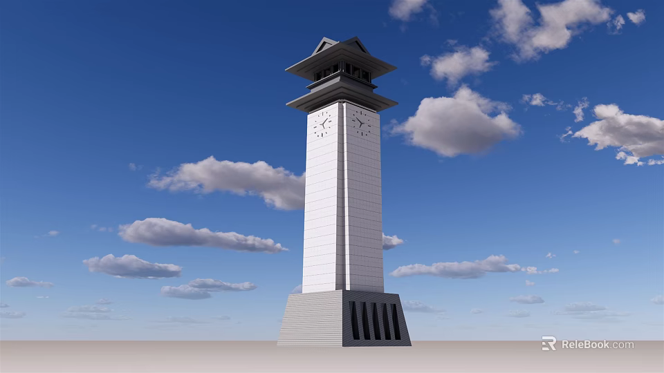 Modern White Clock Tower With Black Roof Standing Against Blue Sky And Clouds 3d model 