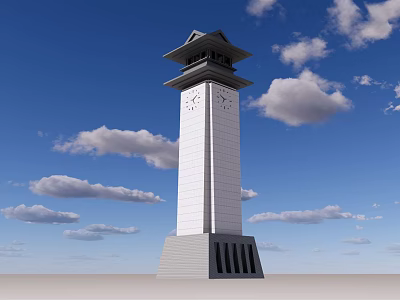 Modern White Clock Tower With Black Roof Standing Against Blue Sky And Clouds 3d model