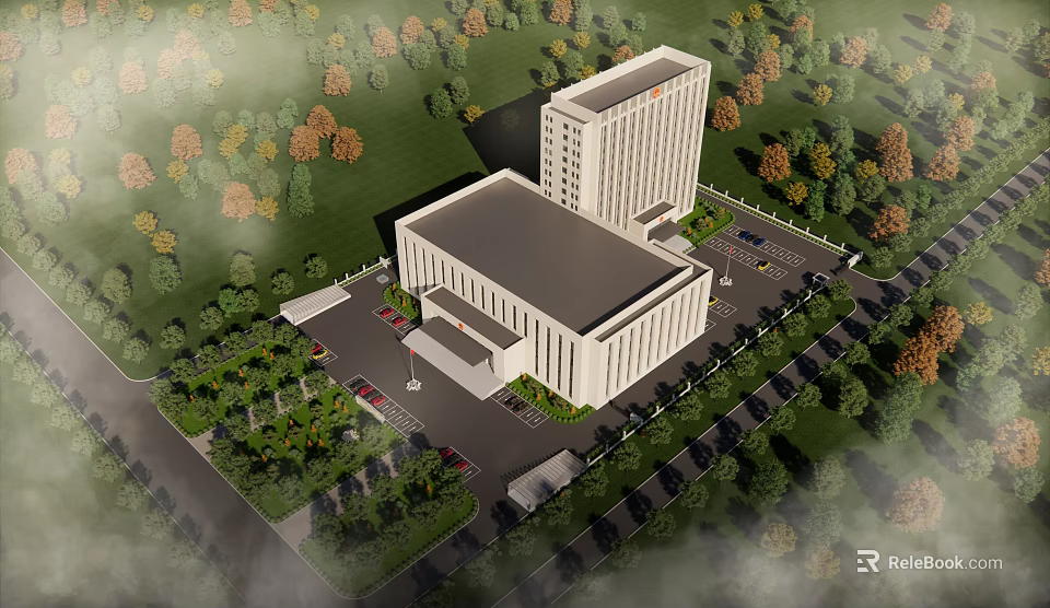 Modern Commercial Building Aerial View With Green Landscape And Parking 3d model 