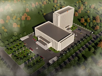 Modern Commercial Building Aerial View With Green Landscape And Parking 3d model