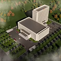 Modern Commercial Building Aerial View With Green Landscape And Parking