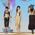 Women in different styles of clothing standing before colorful draperies and ornate background