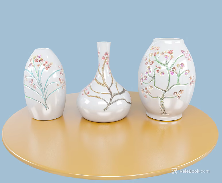 Three White Vases with Floral Patterns on Yellow Round Table Against Light Blue Background 3d model