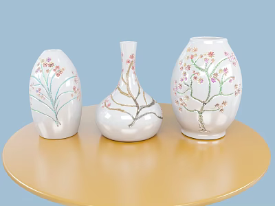 Three White Vases with Floral Patterns on Yellow Round Table Against Light Blue Background 3d model