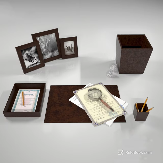 Vintage Decorative Ornament Set With Photo Frames Pen Holder Tray And Magnifying Glass For Desktop 3d model 