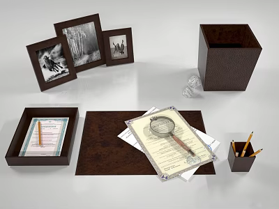 Vintage Decorative Ornament Set With Photo Frames Pen Holder Tray And Magnifying Glass For Desktop 3d model