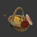 Colorful Food Items in Wicker Basket with Yellow Red Fruits and Mushroom Shaped Snacks
