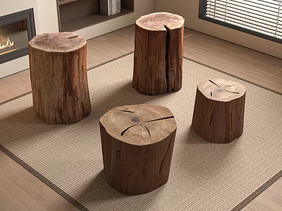 Tree Stump Shaped Wooden Stools on Woven Rug Near Fireplace and Window Blinds 3d model