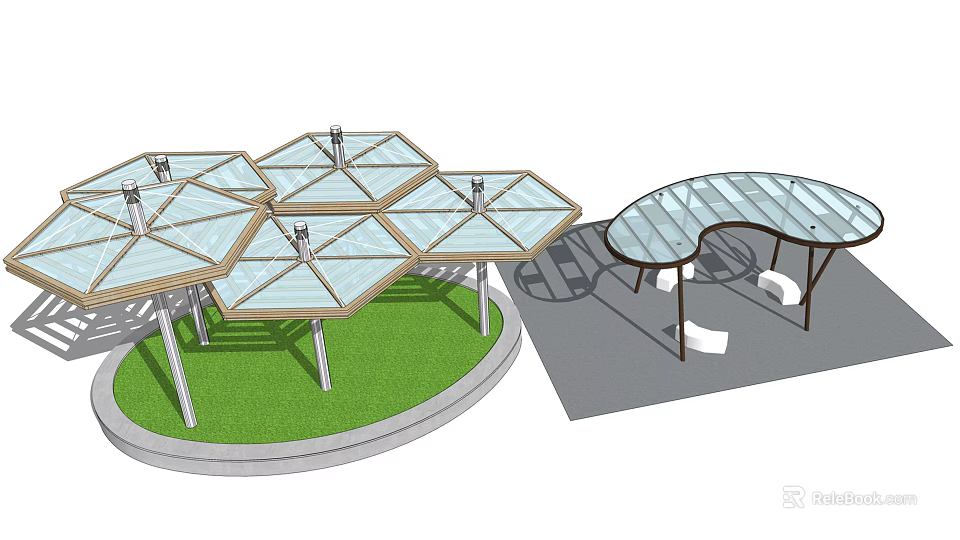 Modern Hexagonal and Curved Pergola Design with Glass Roof Metal Frame and Grass Area 3d model 