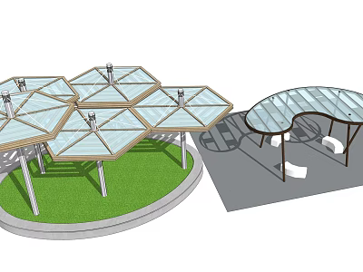 Modern Hexagonal and Curved Pergola Design with Glass Roof Metal Frame and Grass Area 3d model