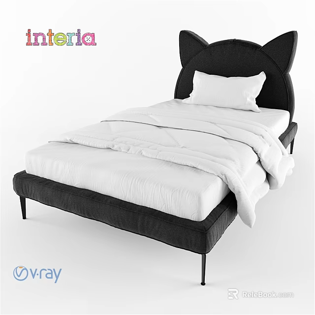 Modern Double Bed With Black Cat Ear Headboard And White Bedding 3d model 
