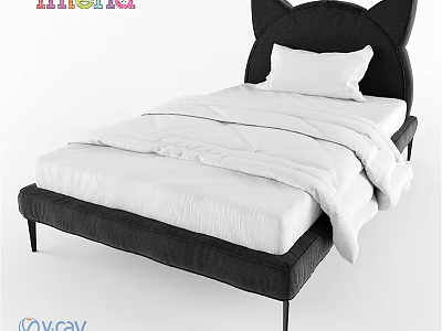 Modern Double Bed With Black Cat Ear Headboard And White Bedding 3d model