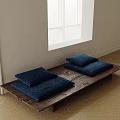 Two Seater Sofa with Blue Cushions and Wooden Base by Window in Minimalist Style