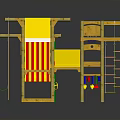 Wooden Children's Play Building With Yellow Roof Red White Stripes Climbing Net And Ropes