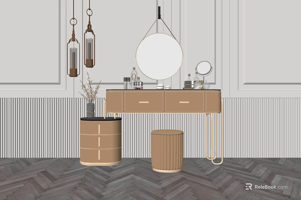 Elegant Modern Dressing Table With Round Mirror Drawers Stool And Decorative Items On Herringbone Floor 3d model