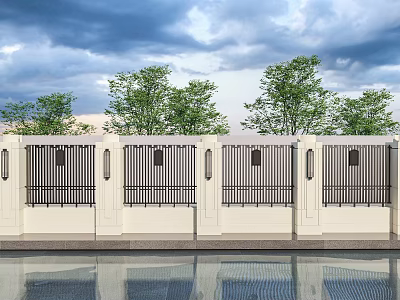 Elegant Modern Landscape Wall With White Panels Black Railings And Green Trees 3d model
