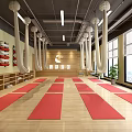 Spacious Yoga Studio With Red Exercise Mats Hanging Hammocks And Wooden Floors