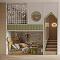 Kids Room Interior With Loft Bed Staircase Green Walls Chandelier Desk Chairs And Round Rug