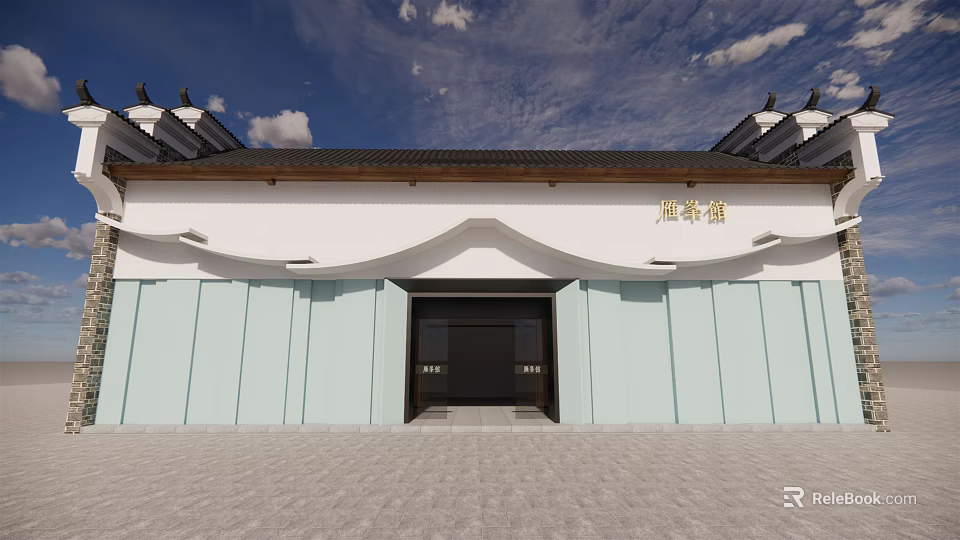 Huai Tea House Traditional Architecture Exterior With White Walls And Light Blue Panels 3d model 