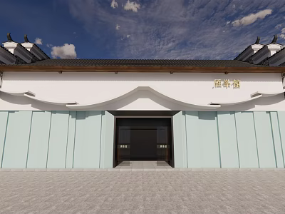 Huai Tea House Traditional Architecture Exterior With White Walls And Light Blue Panels 3d model