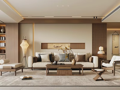 Elegant Modern Living Room With Chinese Elements Beige Sofa Wooden Coffee Table Floor Lamp And Bookshelf 3d model