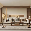 Elegant Modern Living Room With Chinese Elements Beige Sofa Wooden Coffee Table Floor Lamp And Bookshelf