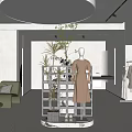 Minimalist Clothing Store Interior With Silver Circular Ceiling Mannequin Clothes On Racks Plants And Sofa
