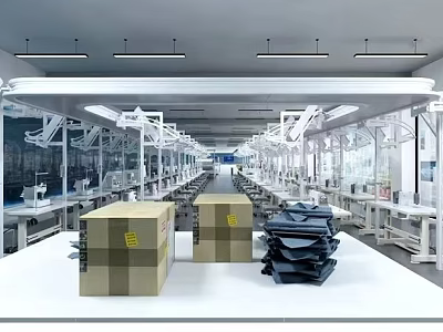 Industrial Factory Workshop Production Line With Workbenches Overhead Lights Cardboard Boxes And Stacked Components 3d model