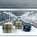 Industrial Factory Workshop Production Line With Workbenches Overhead Lights Cardboard Boxes And Stacked Components