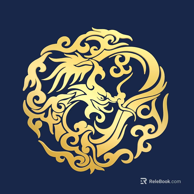 Golden Dragon Ornate Wall Decor With Intricate Patterns On Blue Background 3d model