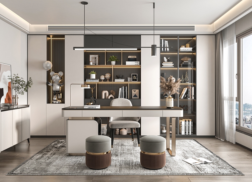 Modern Study Room Interior With Bookshelves Desk Stools And Decor 3d model 