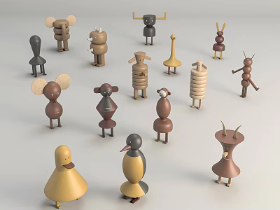 Minimalist Decorative Ornament Set With Various Animal Figurines In Natural Tones 3d model