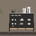 Elegant Black Sideboard With Glass Doors Decorative Vases Picture Frames Green Plant And Stone Decor