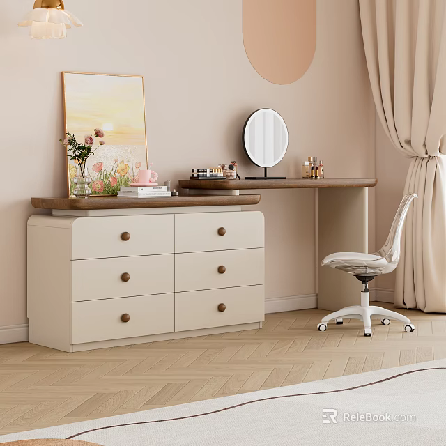 Modern Dressing Table With Drawers Round Mirror Cosmetics And White Chair In Light Toned Room 3d model 