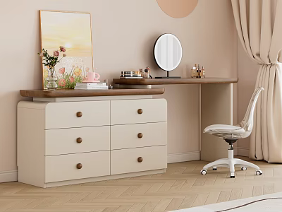 Modern Dressing Table With Drawers Round Mirror Cosmetics And White Chair In Light Toned Room 3d model