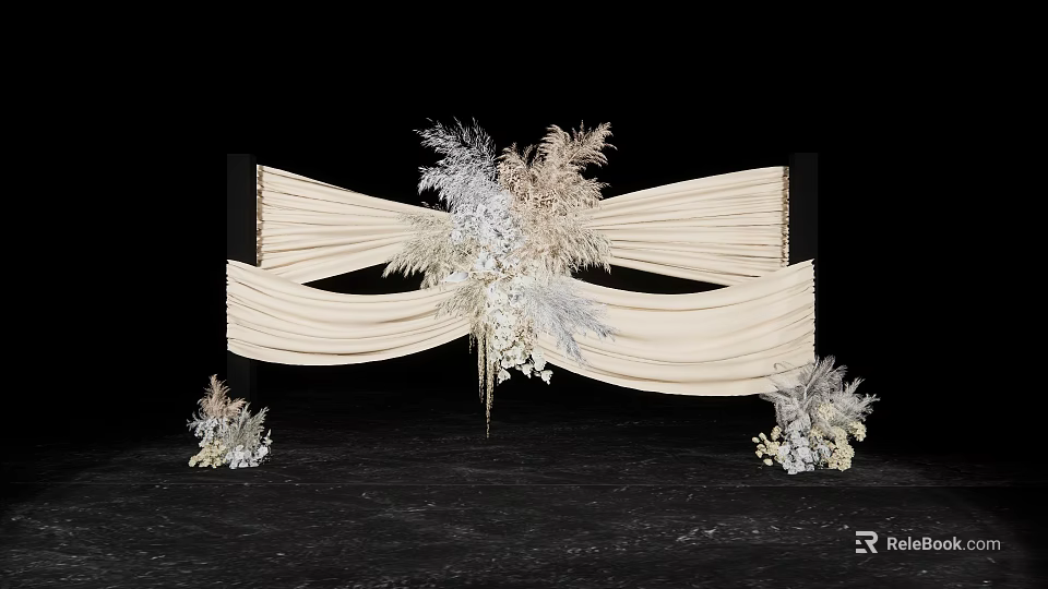 Elegant Floral Installation With Beige Pleated Fabric And Light Colored Flowers Feather Accents 3d model 