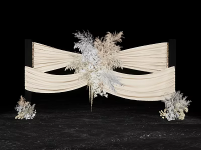 Elegant Floral Installation With Beige Pleated Fabric And Light Colored Flowers Feather Accents 3d model