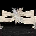 Elegant Floral Installation With Beige Pleated Fabric And Light Colored Flowers Feather Accents