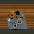 Fresh Pumpkin and Mixed Fruits on Wooden Table with Blue Cloth and Pitcher