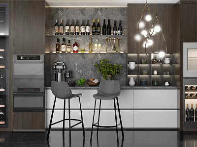 Modern Kitchen Interior With Cabinets Wine Racks Bar Stools Green Plants And Pendant Lights 3d model