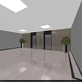 Modern Elevator Lobby With Multiple Doors Marble Flooring And Potted Plants 3d model