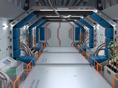 Cartoon Sci Fi Corridor Interior Design With Blue Gray Structures Pipes Consoles And Plants 3d model
