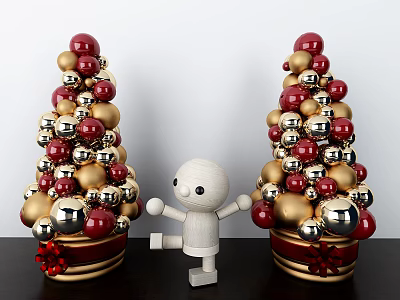 Decorative Ornament Set with Tree Shaped Red Gold Silver Balls and Central Wooden Figurine 3d model